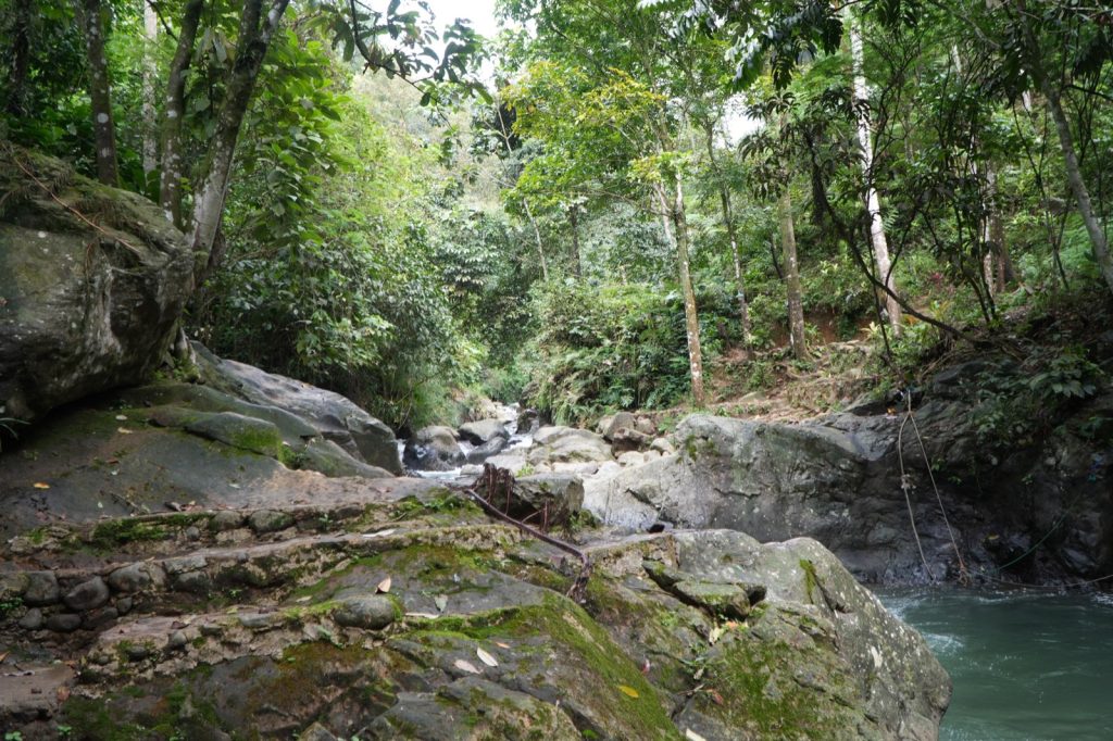 Jalur trekking berbatu di kawasan Curug Kencana Sentul