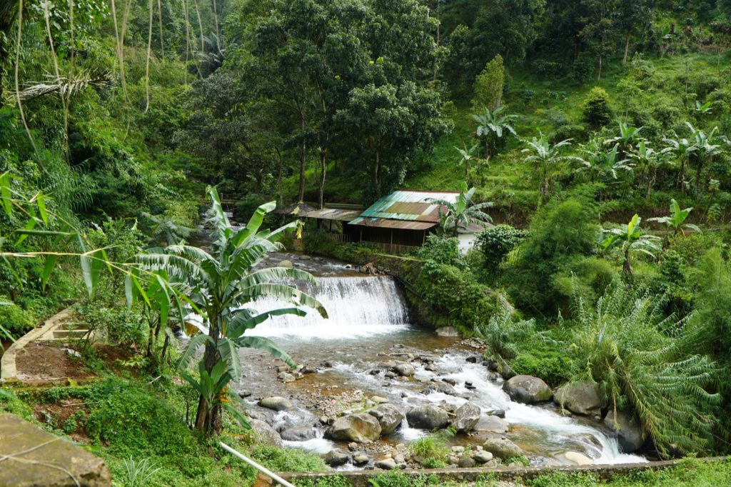 Pemandangan aliran sungai dan air terjun Curug Kencana di Sentul Bogor